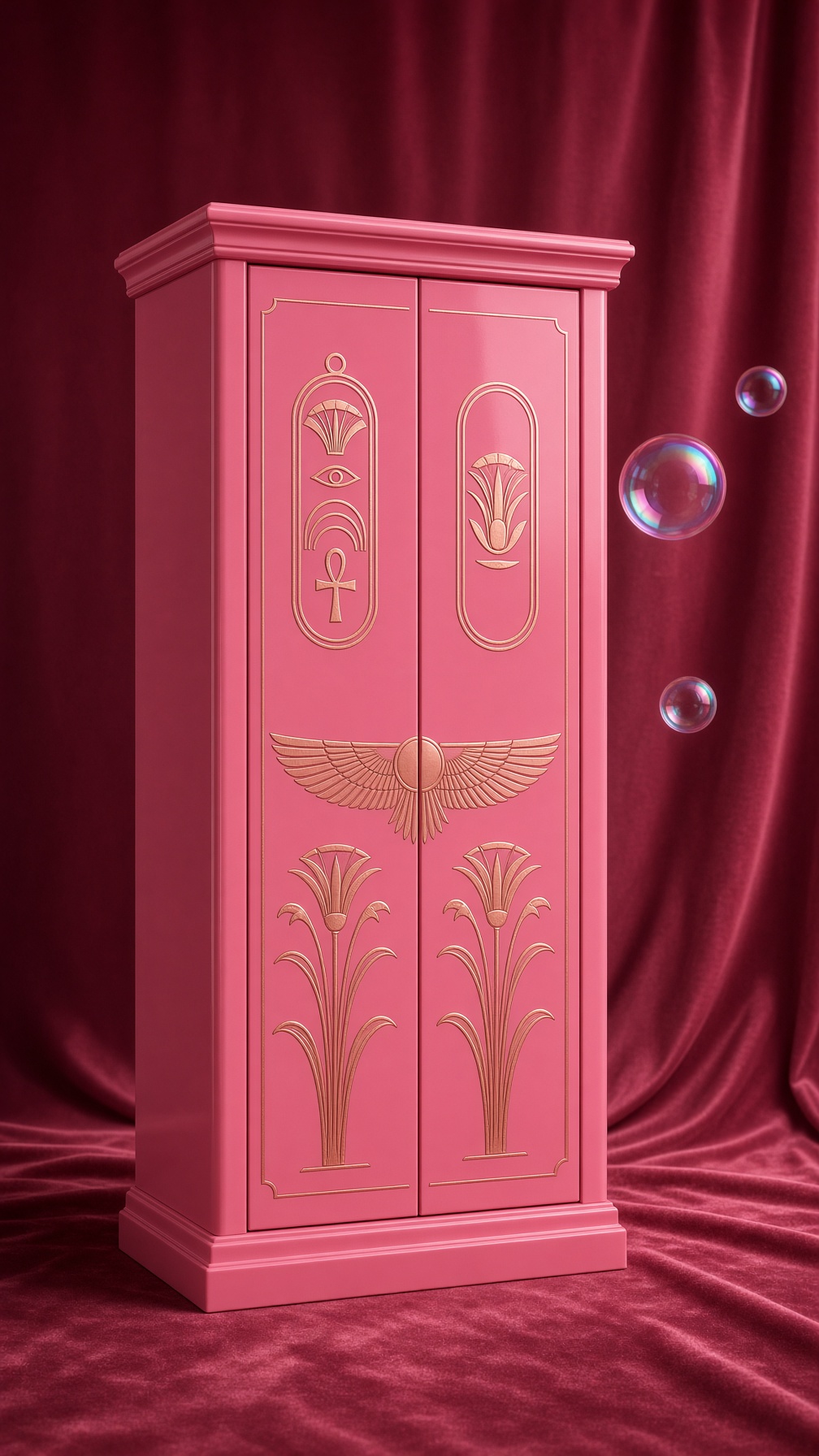 Tall glossy pink cabinet inlaid with rose-gold Egyptian symbols, TARDIS-adjacent Barbie Box