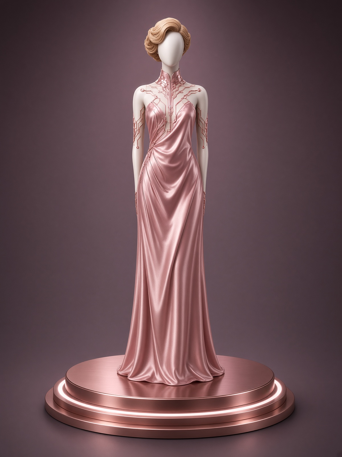 Programmable cyber fashion mannequin standing on a rose-gold charging pedestal