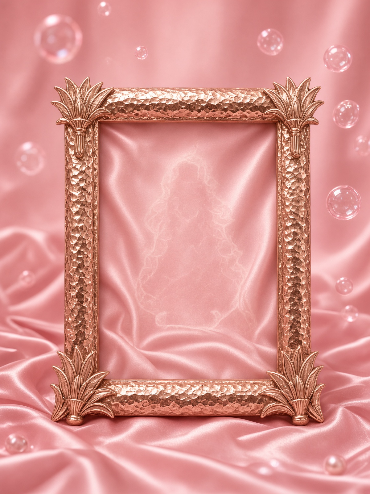 Empty rose-gold royal picture frame on a pink satin altar